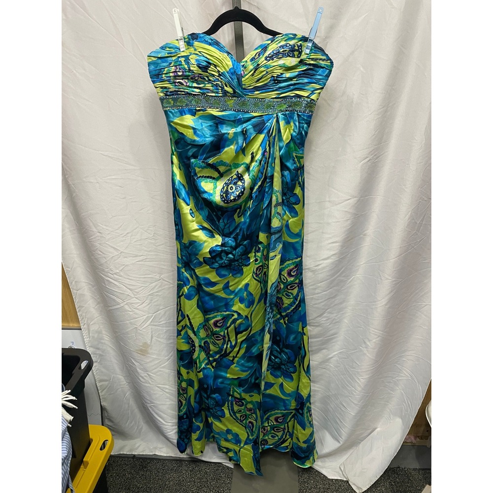Strapless Evening Prom Dress in Blue & Lime Floral